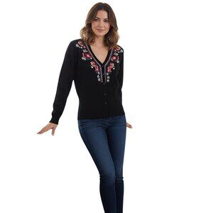 Carole Little Black Floral Embroidered V Neck Knit Button Detail Sweater Size S